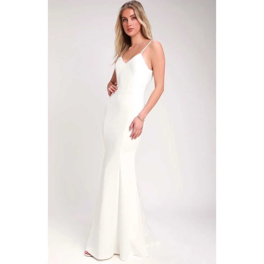 Lulu’s Taliana White Lace Button Back Maxi Wedding Dress